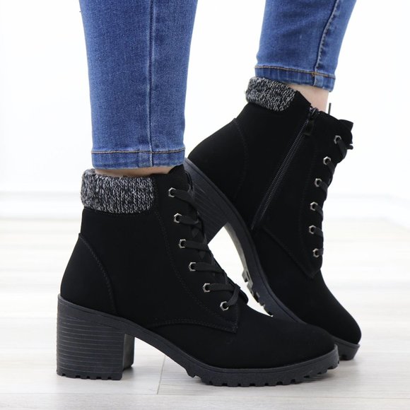 Shoes - Nubuck Lug Chunky Heel Warm Lining Black Ankle Boots